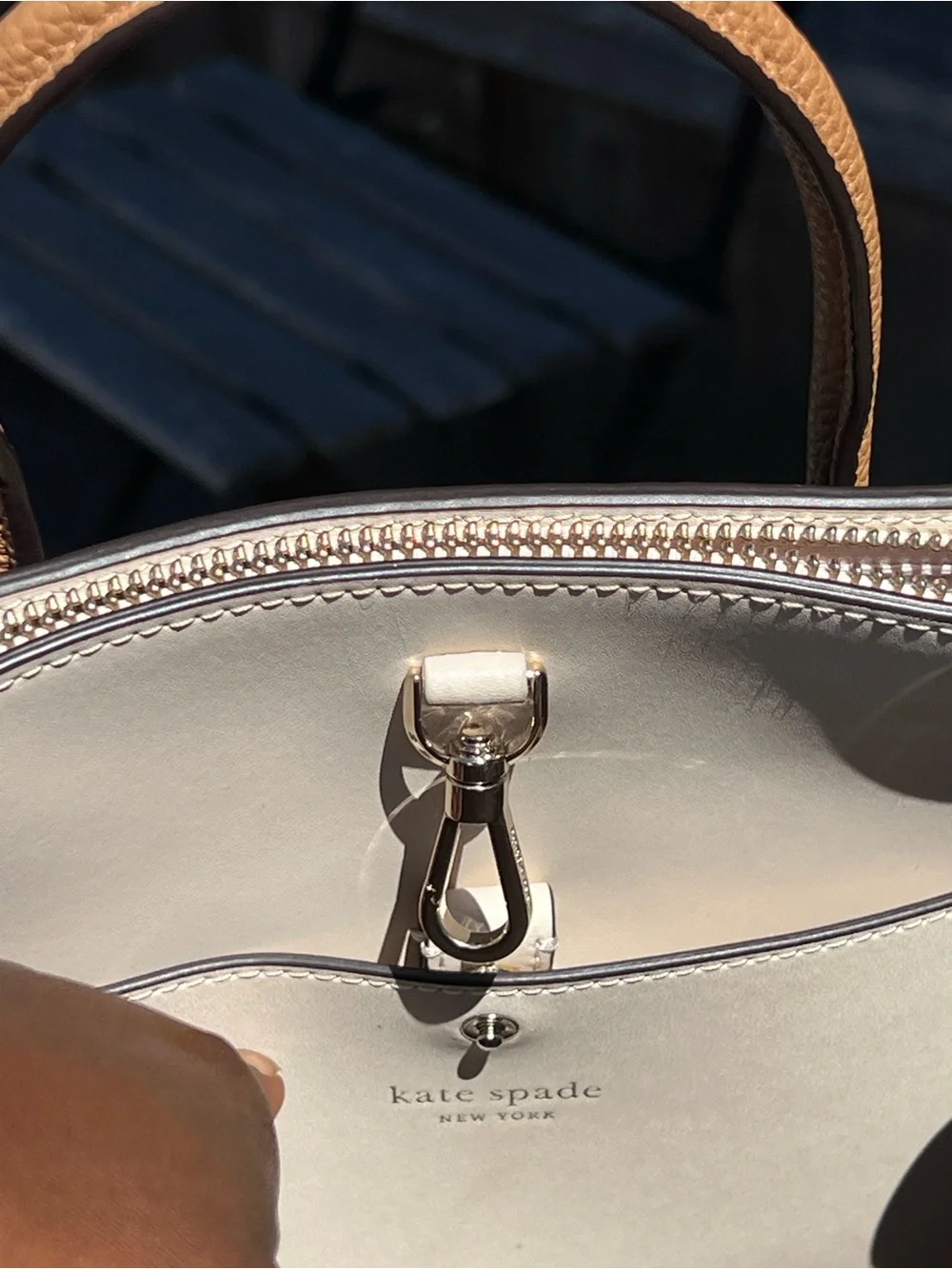 kate spade tan leather satchel with crystal heart charm